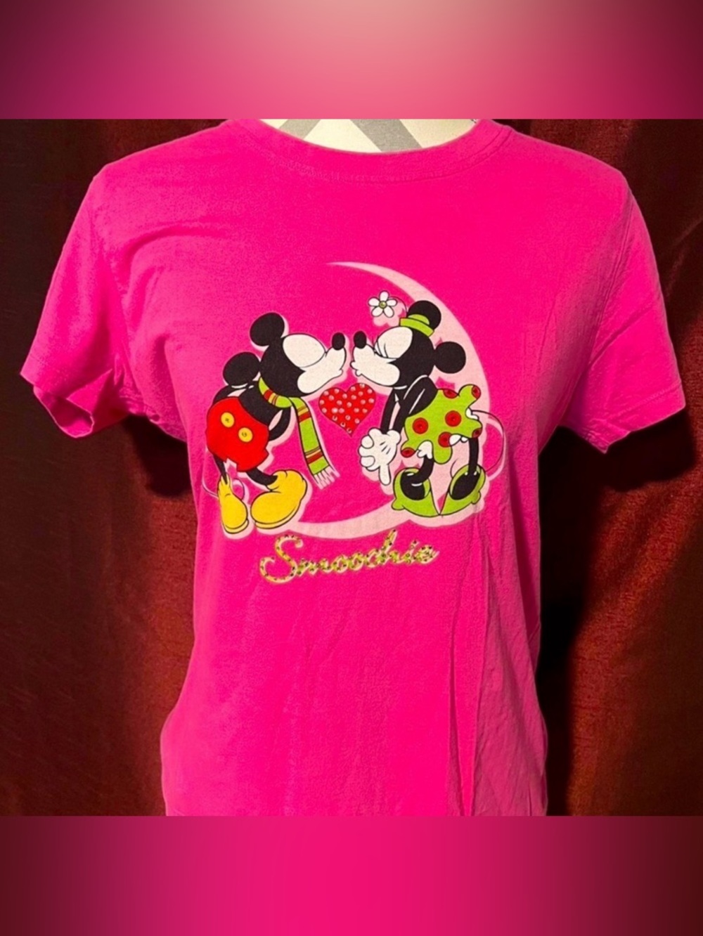 Vintage Disney Minnie Mickey Kiss Pink Bejeweled “Smoochie” Graphic Tee- Size M